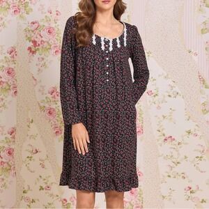 Eileen West Bordeaux Bloom Cotton Knit Long Sleeve Short Nightgown Womens M Soft